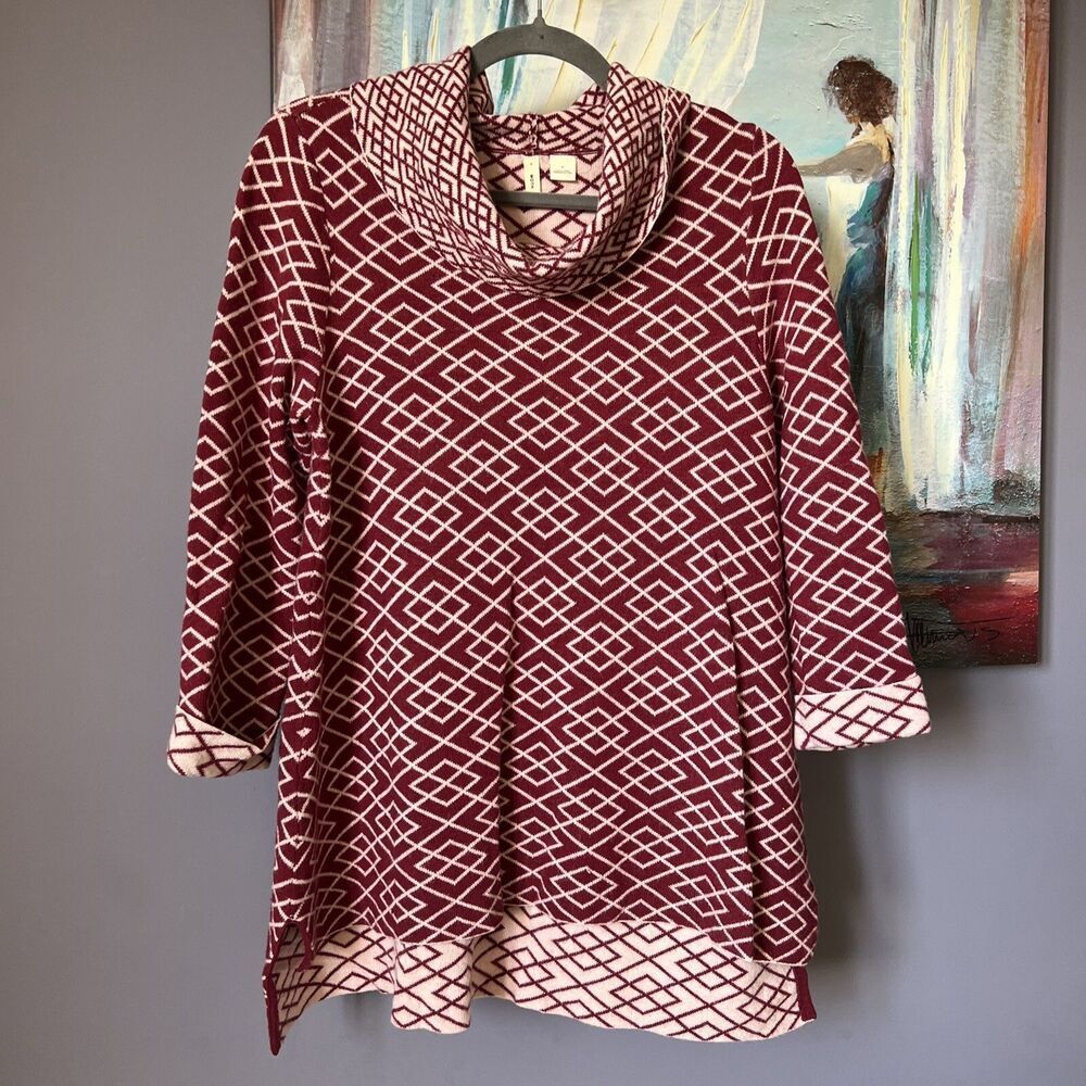 Moth Anthropologie M Geometric Pullover Sweater Burgundy Turtleneck Alpaca Blend